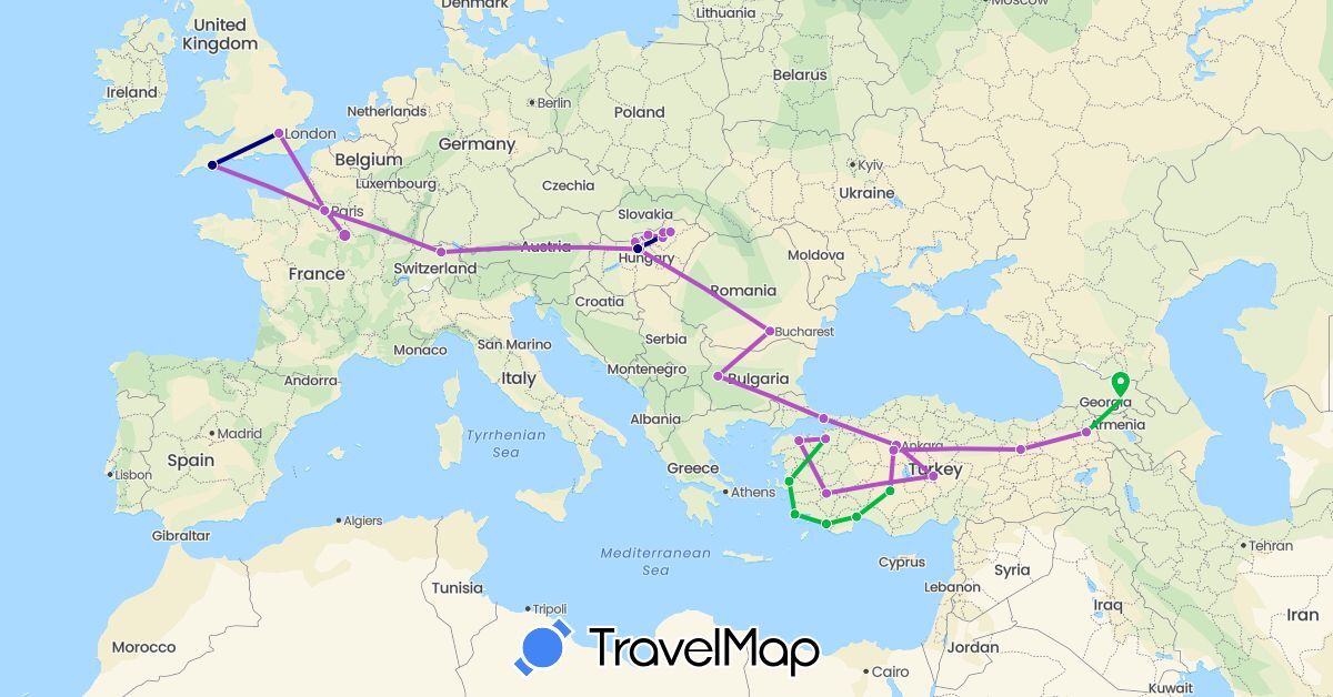 TravelMap itinerary: driving, train in Bulgaria, Switzerland, France, United Kingdom, Hungary, Romania, Turkey (Asia, Europe)